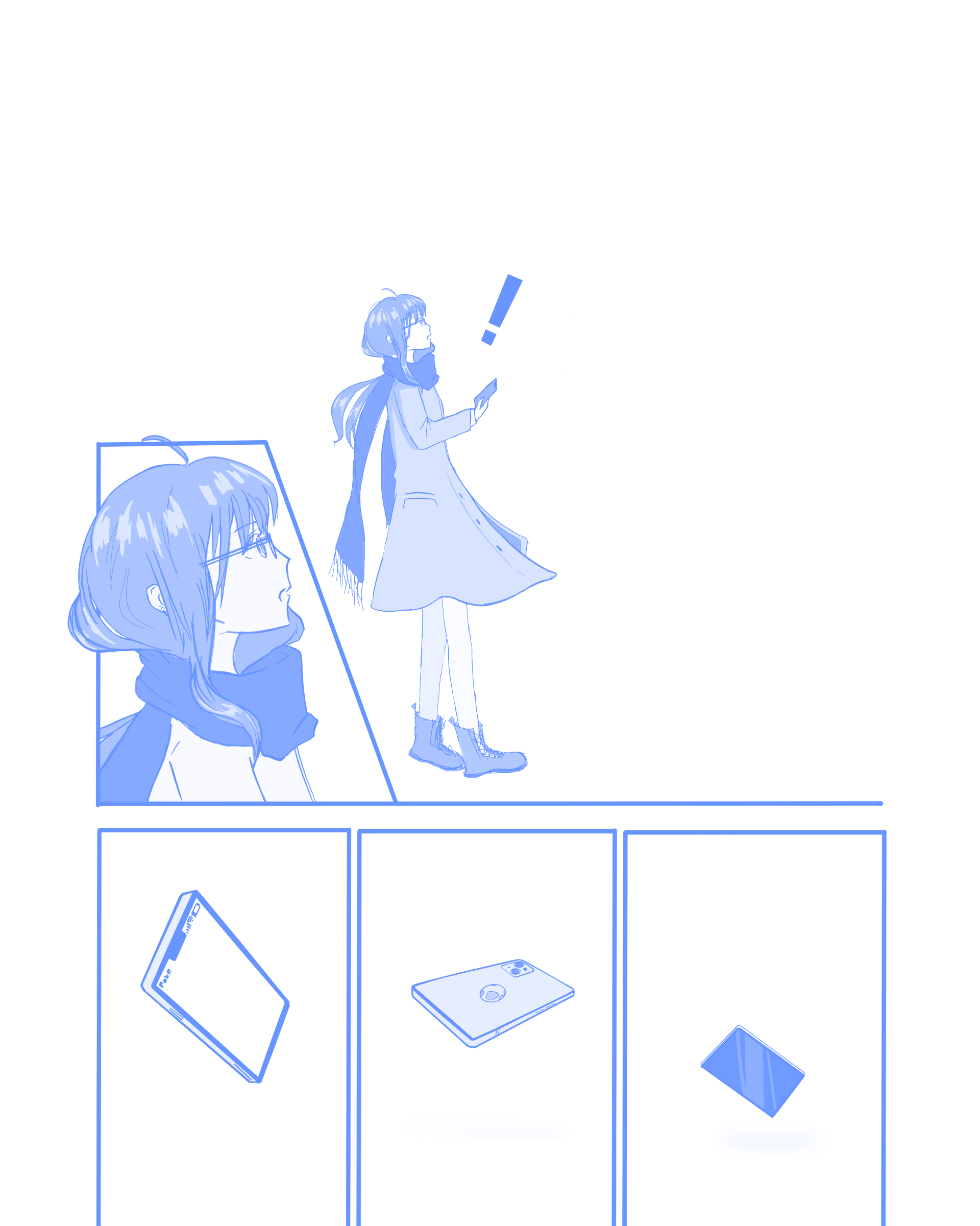 A manga-style drawing of a girl looking up in surprise as her phone falls through three panels.